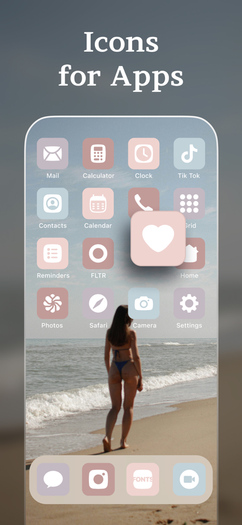Icônes d'applications esthétiques personnalisées sur un écran d'accueil d'iPhone utilisant les presets FLTR