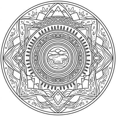 Explore the tranquil beauty of elevated landscapes with this captivating Highland Lakes Mandala. Its perfectly symmetrical design invites you to find peace in intricate natural patterns.