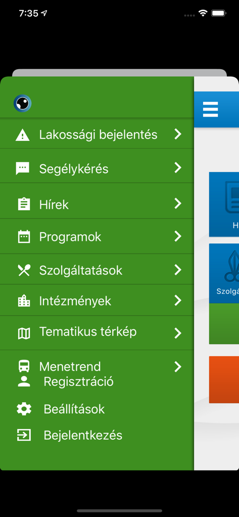 Side navigation menu of the Dunakeszi IntermApp showing Hungarian options for reporting, news, events, and services.