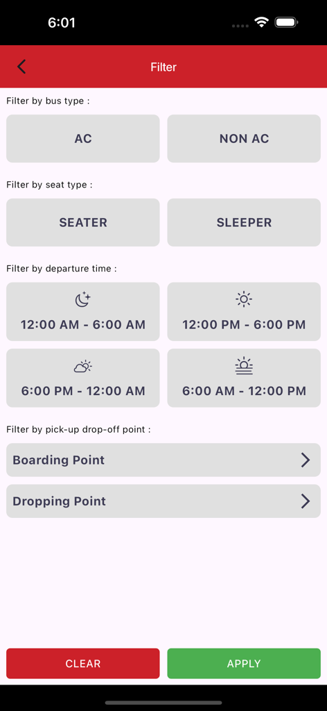 i Agent Infinity - Filter interface for i Agent Infinity app showing bus type seat type and departure time options
