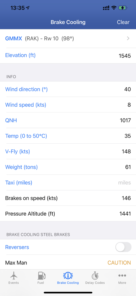 737 Pilot - Interface of the 737 Pilot app showing the brake cooling calculation tool for Boeing 737-800 pilots