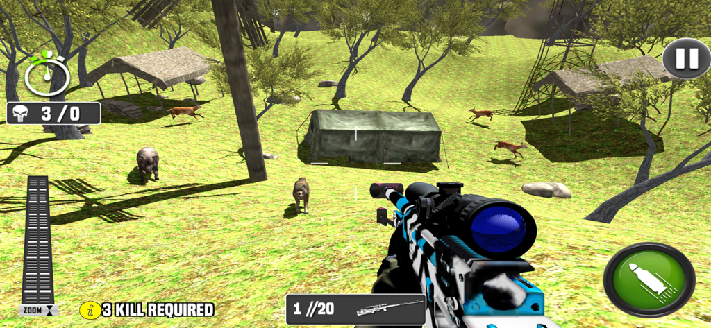 Sniper Shooter 3D :Deer Hunter - Vista en primera persona de un rifle de francotirador apuntando a animales en un juego de caza de ciervos en 3D
