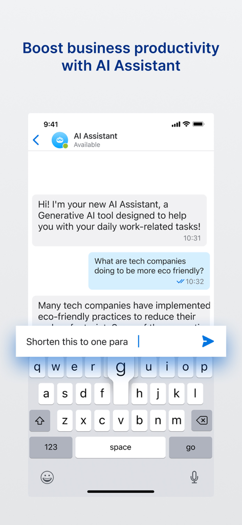 UNIVERGE BLUE™ CONNECT - Smartphone screen showing the UNIVERGE BLUE CONNECT AI Assistant chat interface helping a professional user with business productivity tasks