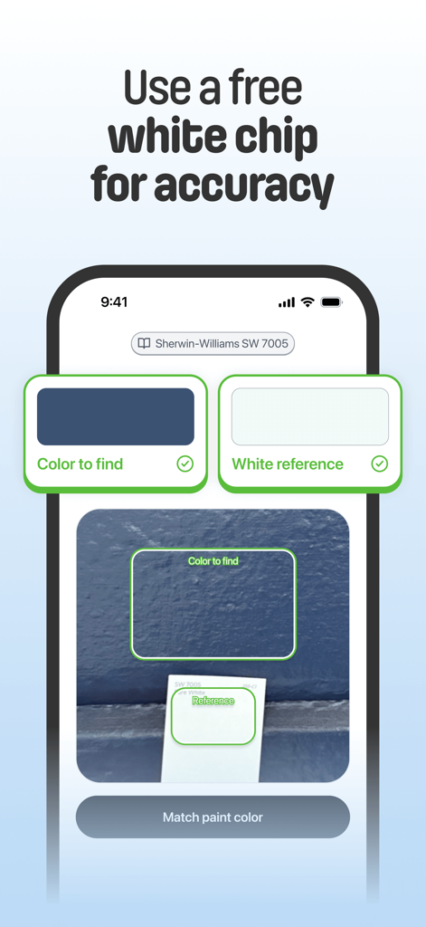 Smartphone app interface showing how to use a white calibration chip for accurate paint color matching.