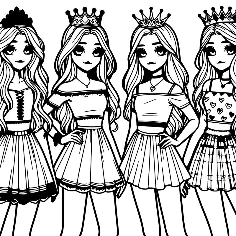 4 teens girls waering dresses 1 wearing a croptop with crowns long hair cute