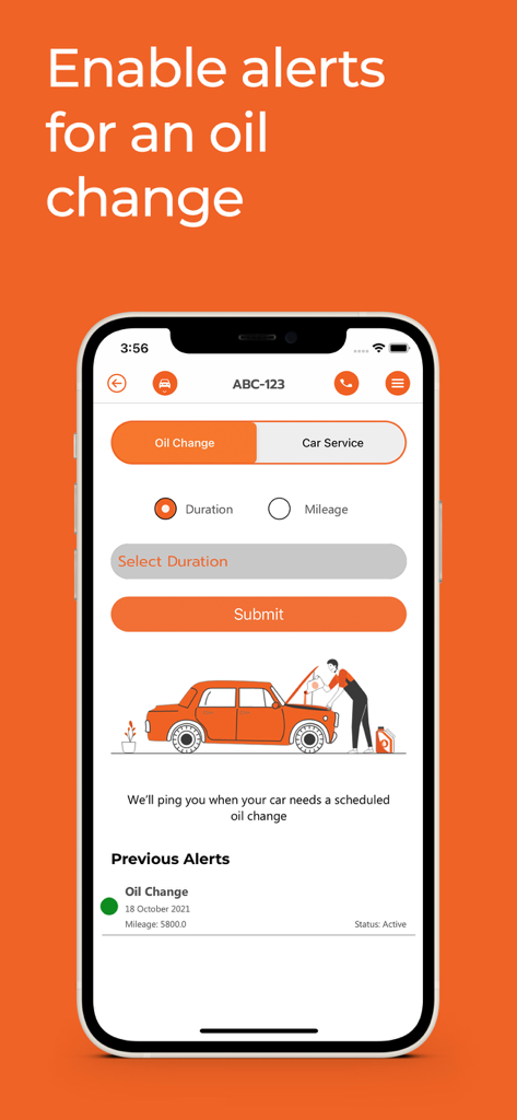 Falconi - Falconi mobile app interface showing the setup for car oil change alerts by duration or mileage