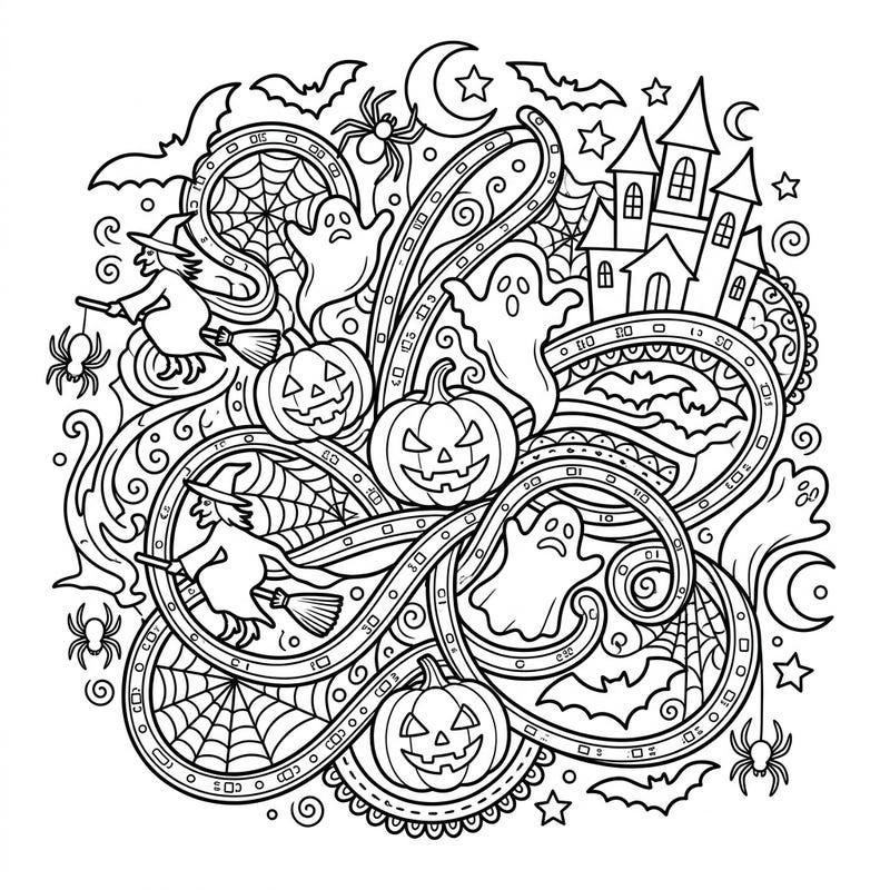 Unleash your creativity with this unique Halloween coloring page featuring a mesmerizing design of LED strip lights intertwined with classic spooky elements. Discover grinning pumpkins, playful ghosts, and flying witches, all waiting for your vibrant touch to bring them to life.