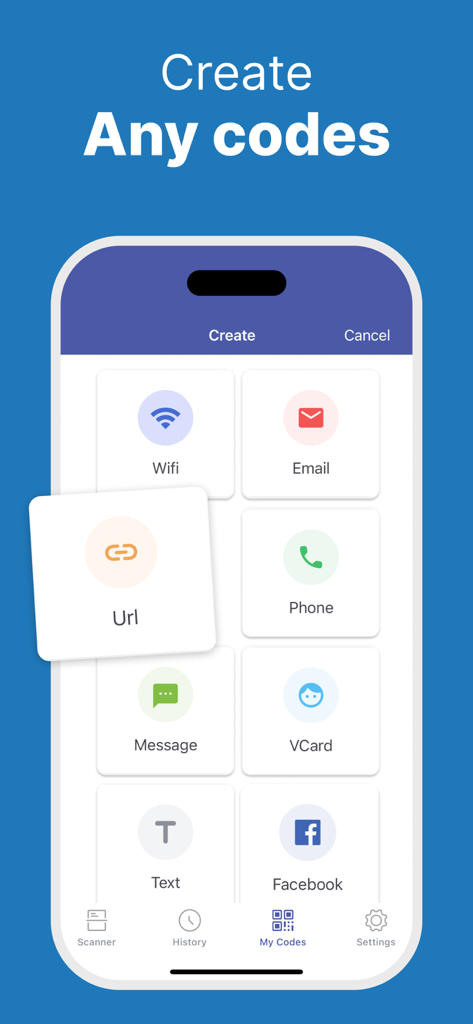 Interface for creating QR codes for URLs, WiFi, emails, and contact details.
