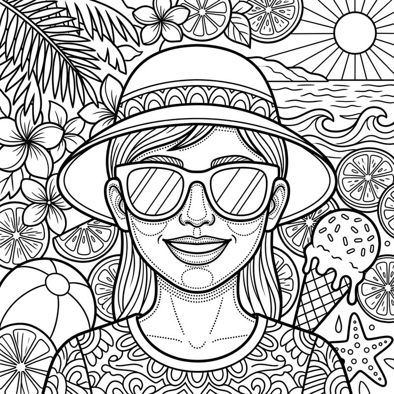 Capture the essence of a radiant summer vacation with this stunning dot work portrait coloring page. Perfect for adults and teens, it offers a refreshing blend of intricate detail and joyful summer scenes.