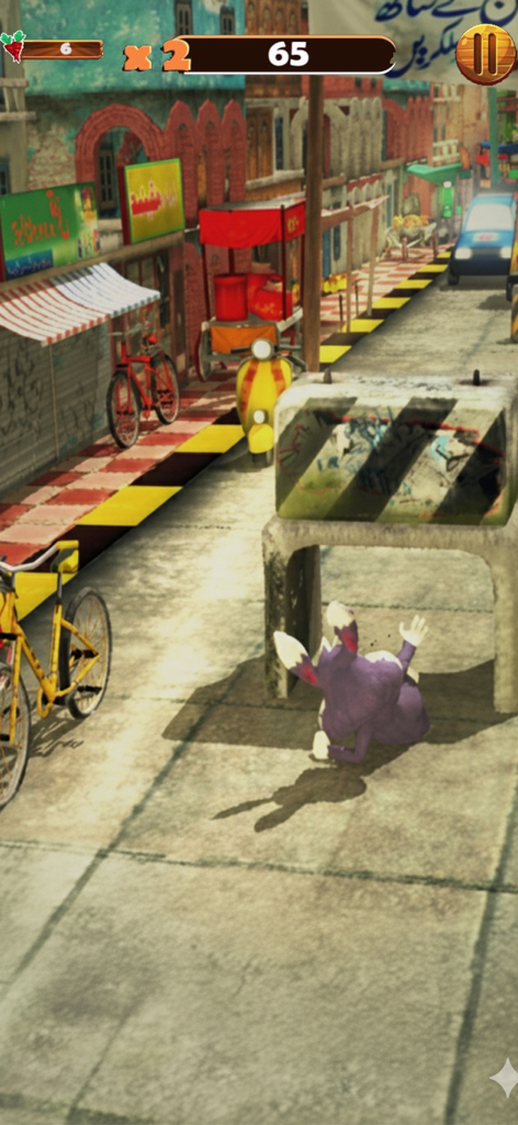 Bunny Street Runner Dash 3D - A purple bunny character slides under a concrete barrier in a colorful Pakistani street setting