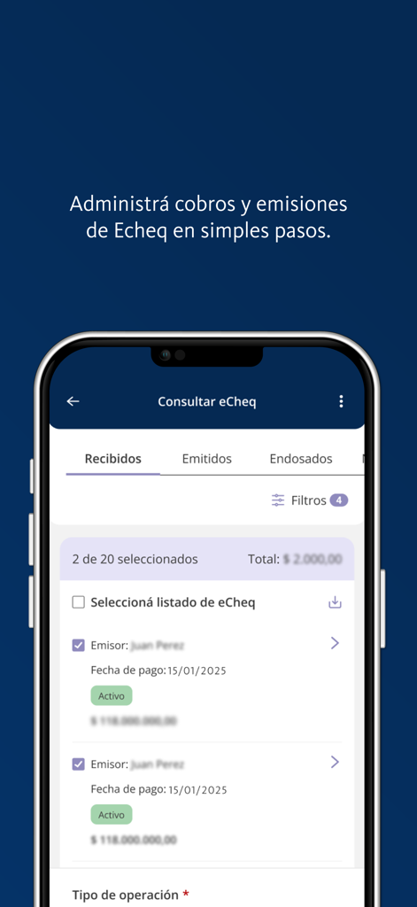 Aplicación BNA Plus Empresas mostrando la interfaz de gestión de cheques electrónicos para banca empresarial