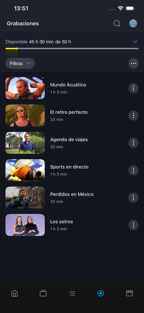 Movistar GO - Interfaz de la aplicación Movistar GO que muestra una lista de películas y programas de televisión grabados en español