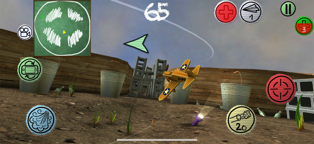 Air Wings® - Air Wingsゲームの裏庭バトルアリーナを飛ぶ木製バルサ材の飛行機。