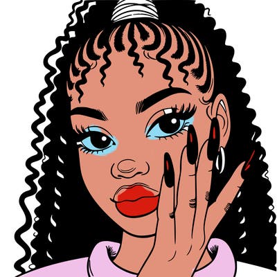 black girl with 90’s curved nails purple theme natural hair. french tip.