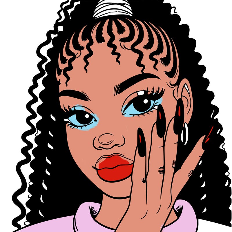 black girl with 90’s curved nails purple theme natural hair. french tip.