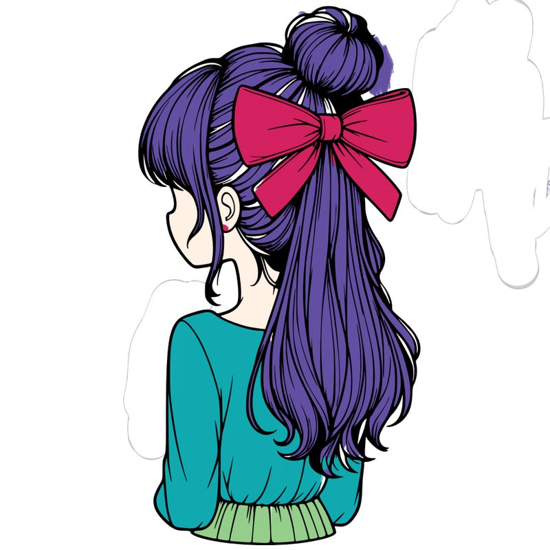 realistic girl  with hip length hair a bun and a big bow on the back of head