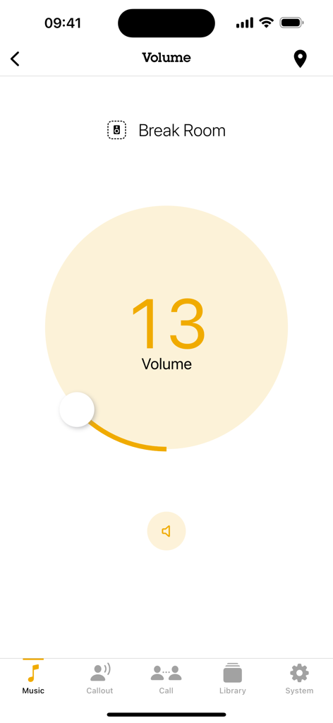 AXIS Audio Manager - AXIS Audio Manager app interface showing volume adjustment set to thirteen for a break room.
