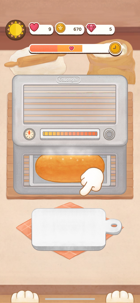 Cafe Heaven-Cat’s Sandwich - 카페 헤븐 고양이 샌드위치 게임에서 귀여운 토스터 오븐으로 빵을 굽는 모습.