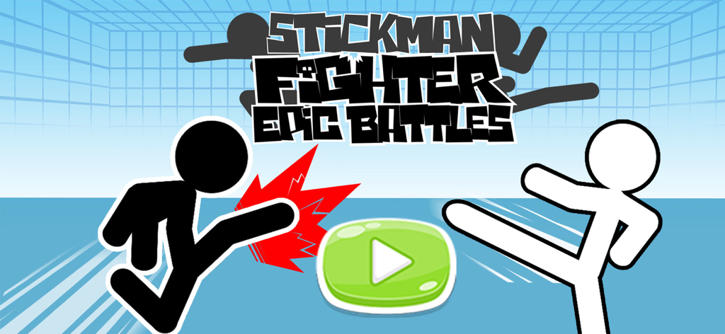 Stickman fighter : Epic battle - Black and white stickman characters in a fighting pose with the game title and a green play button.