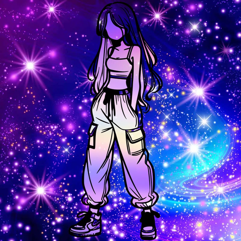 girl in baggy pants crop top and long hair