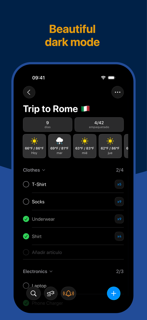 Packing List – Pack, Repeat - Una lista de equipaje de viaje para un viaje a Roma que se muestra en modo oscuro con pronóstico del tiempo y categorías de artículos.