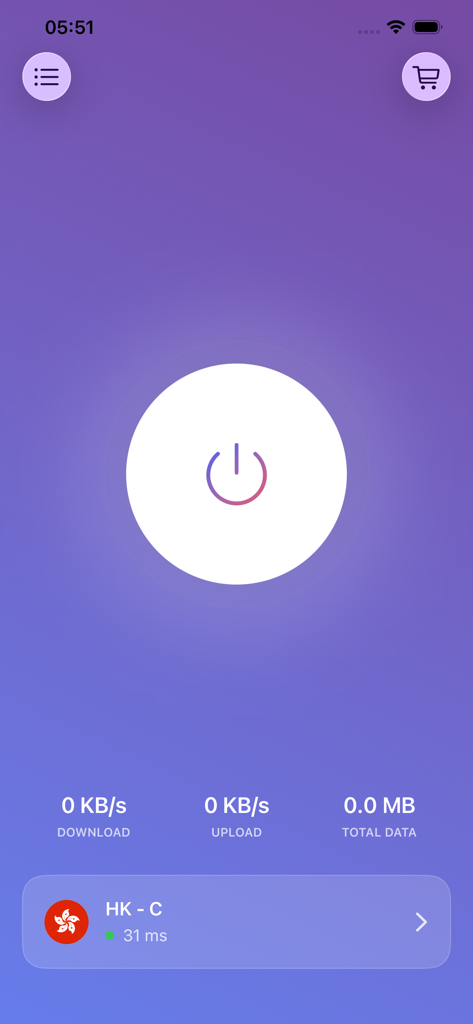 Main interface of Day8 VPN app showing a central connection button and real-time data traffic statistics.