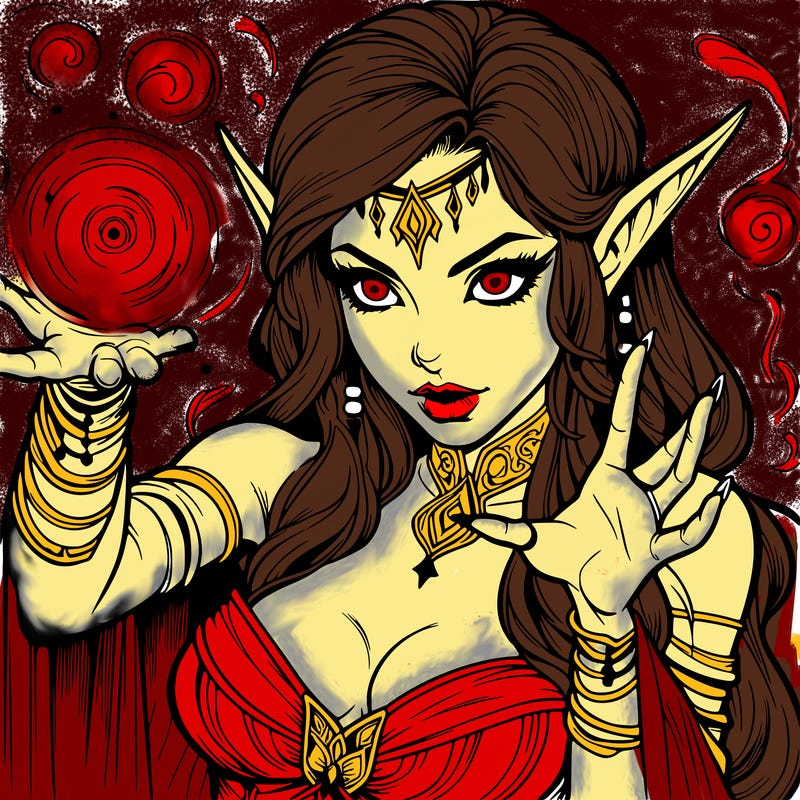 realistic scary beautiful elf sorceress casting spell