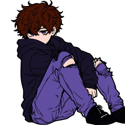 a male hoddie ripped jeans messy hair anime