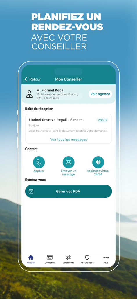 CIC mobile app screen showing options to message or call a personal banking advisor and manage appointments.