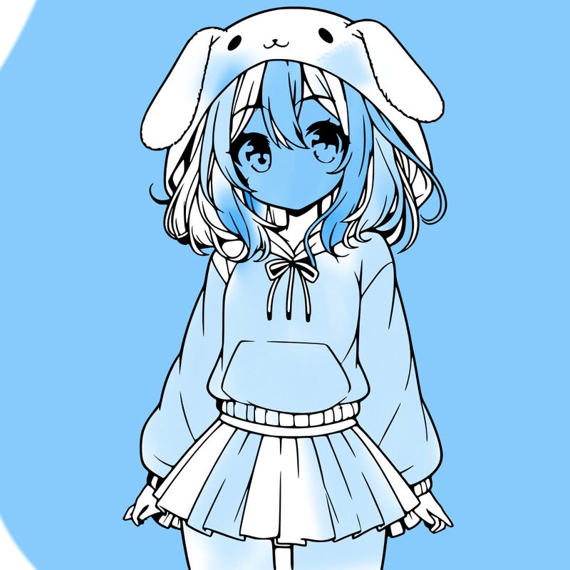 pretty anime girl wearing a fluffy hoodie with bunny ears on the hood and a skirt