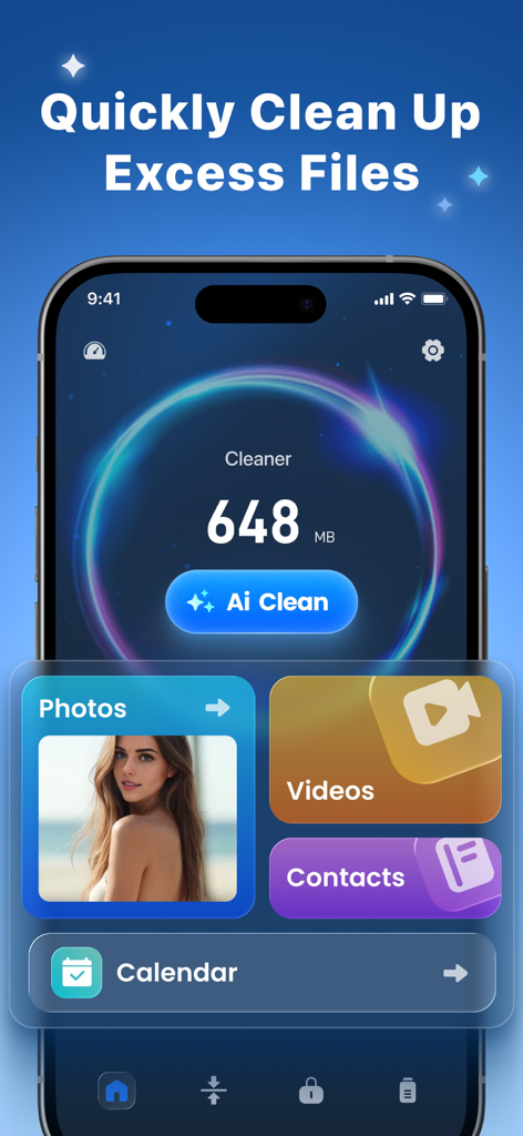 AI Cleaner - Photos&Videos - Pantalla de la aplicación AI Cleaner que muestra opciones de limpieza de almacenamiento para fotos y videos
