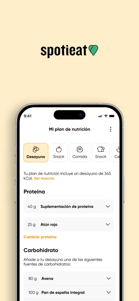 Spotieat - Interfaz de la aplicación Spotieat que muestra un plan de nutrición de desayuno personalizado con opciones específicas de proteínas y carbohidratos.