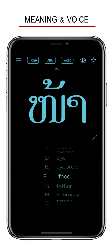 Lao Words & Writing - Lao language learning app screen showing Lao script for the word face with English translation and pronunciation audio icon