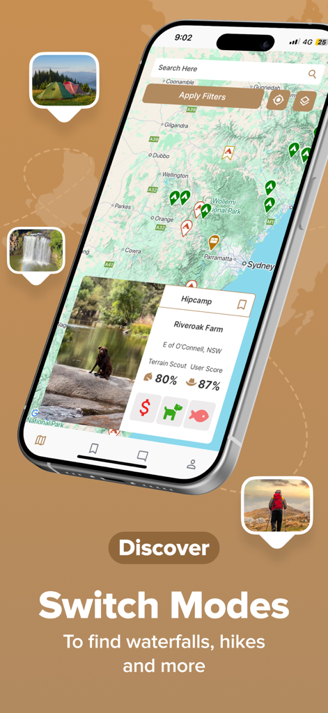 TerrainOne app interface displaying a map with location pins for camping hiking and waterfalls