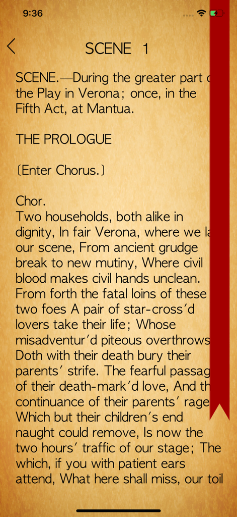 Ein digitaler Bildschirm, der den Prolog eines Shakespeare-Theaterstücks auf Pergamenthintergrund mit einem roten Lesezeichen zeigt