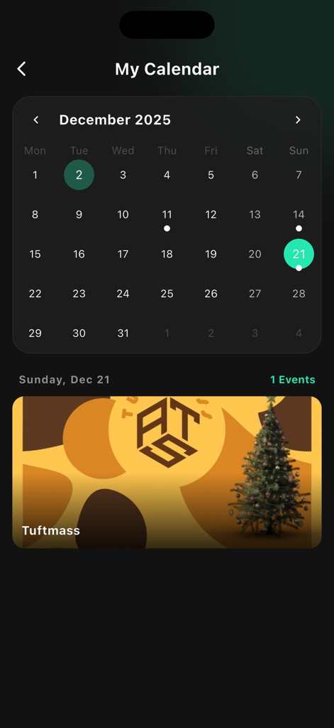 WhatWhenWhere? - Calendar screen in the WhatWhenWhere app displaying a social event scheduled for December 21st