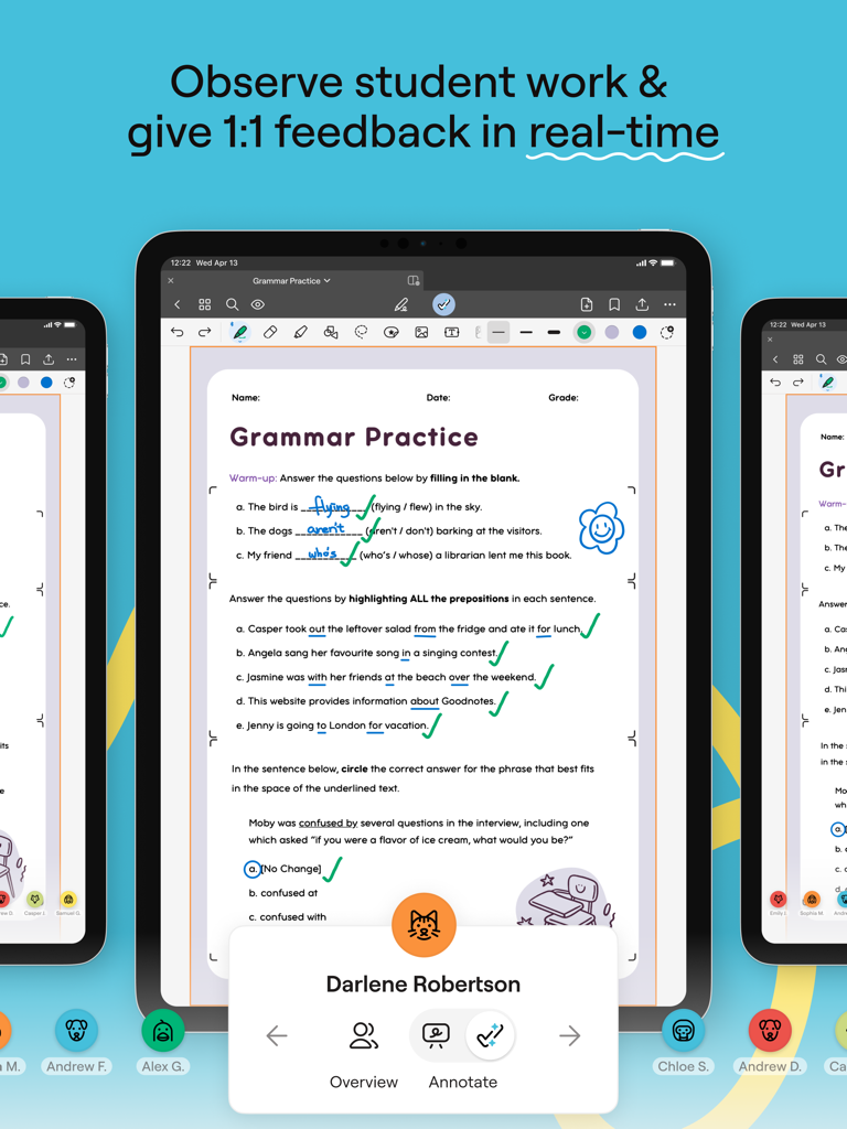 Goodnotes Classroom app showing a teacher providing real-time feedback on a student digital grammar worksheet using an iPad