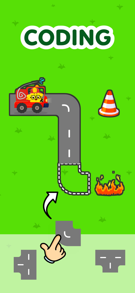 Educational coding puzzle for kids featuring a fire truck and draggable road pieces.