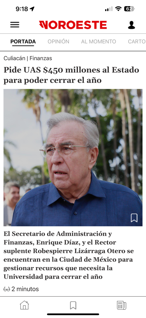 Interfaz de la aplicación de noticias Noroeste con un artículo político sobre Sinaloa México