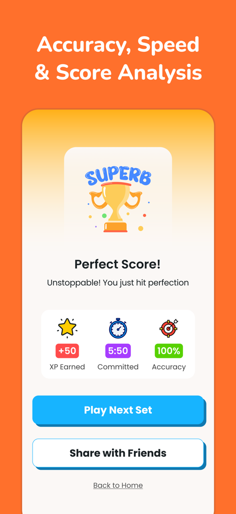 Gonit - Practice Math Olympiad - Gonit math app results screen showing a perfect score, accuracy analysis, and XP earned after practice.