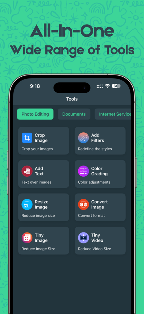 Smartphone screen displaying photo editing tools like cropping filtering and resizing within the Photo Recovery app