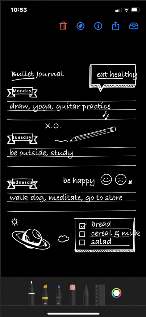 Handwritten bullet journal on a dark background with drawing tools at the bottom