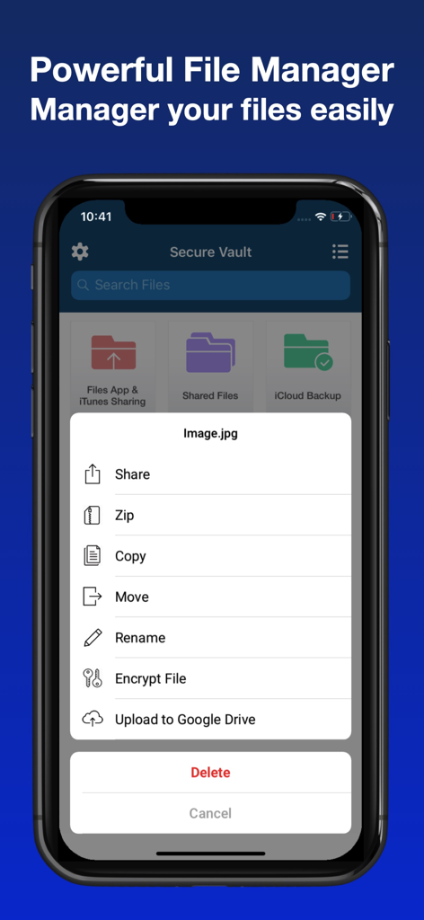 Vault app interface showing a file management menu with options to encrypt, zip, and share media.
