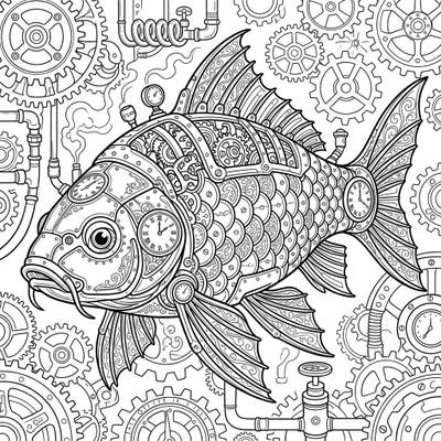 Embark on an imaginative journey with this intricate Steampunk Carp coloring page. Designed for adults, it offers a challenging and rewarding artistic experience filled with gears, clockwork, and fascinating aquatic detail.