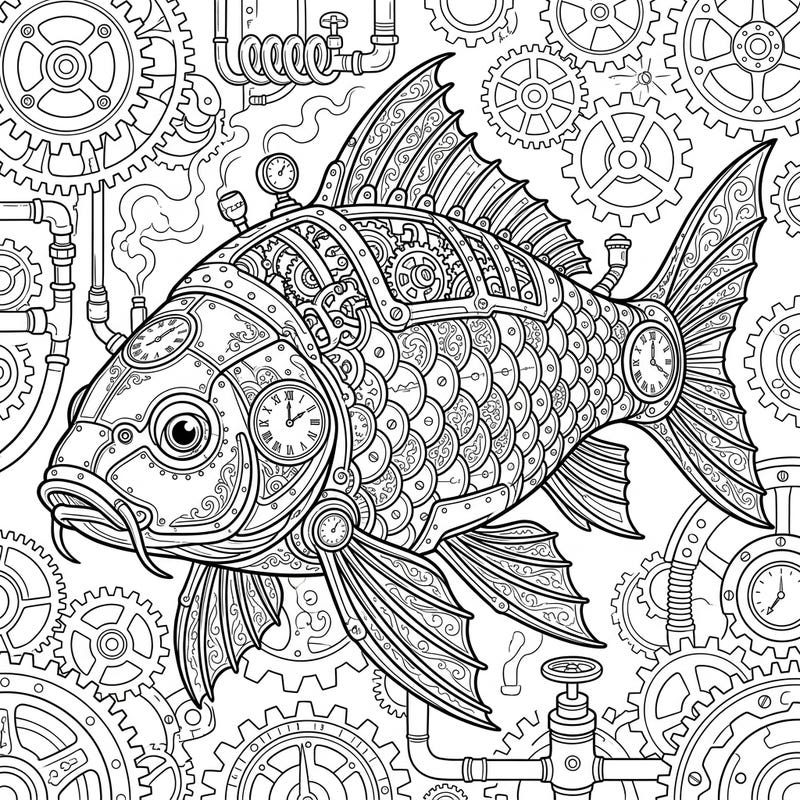 Embark on an imaginative journey with this intricate Steampunk Carp coloring page. Designed for adults, it offers a challenging and rewarding artistic experience filled with gears, clockwork, and fascinating aquatic detail.