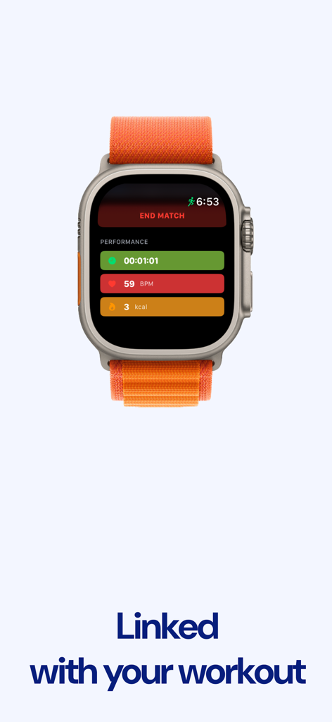 Padel Tally - Scoring Tracking - Apple Watch-Oberfläche mit Padel-Workout-Leistungsmetriken, einschließlich Spieldauer, Herzfrequenz und verbrannten Kalorien