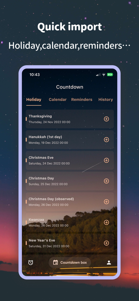Countdown Calendar & Widget - A mobile app screen showing the quick import feature for adding holidays and calendar events to countdowns.