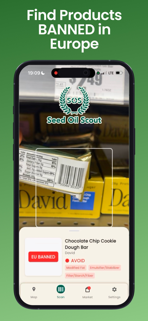 Seed Oil Scout app scanning a snack bar barcode to identify ingredients banned in Europe