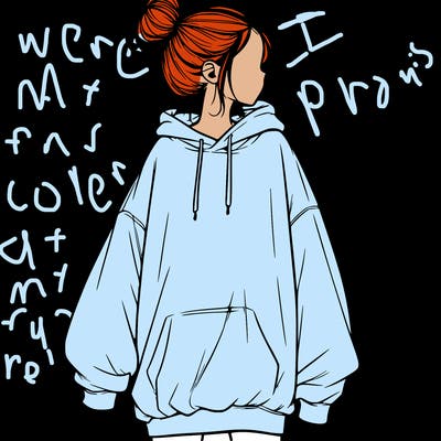 realistic girl with a oversized sweatshirt on and a bun