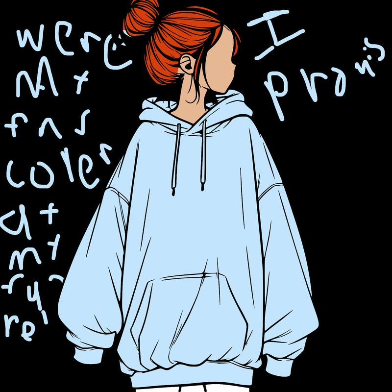 realistic girl with a oversized sweatshirt on and a bun